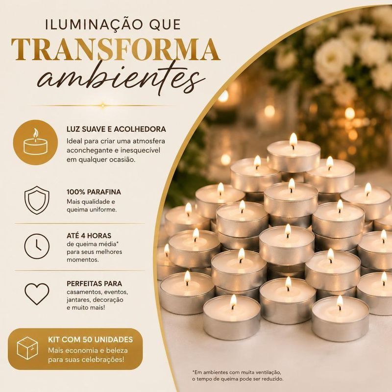 Vela Rechaud Decorativa Kit 50 Velas Brancas Base Aluminio Iluminacao Suave Romantica Casamento Mesa