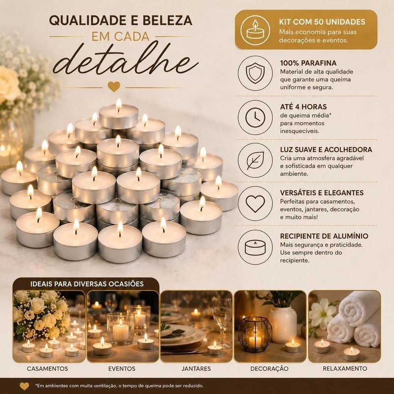 Vela Rechaud Decorativa Kit 50 Velas Brancas Base Aluminio Iluminacao Suave Romantica Casamento Mesa