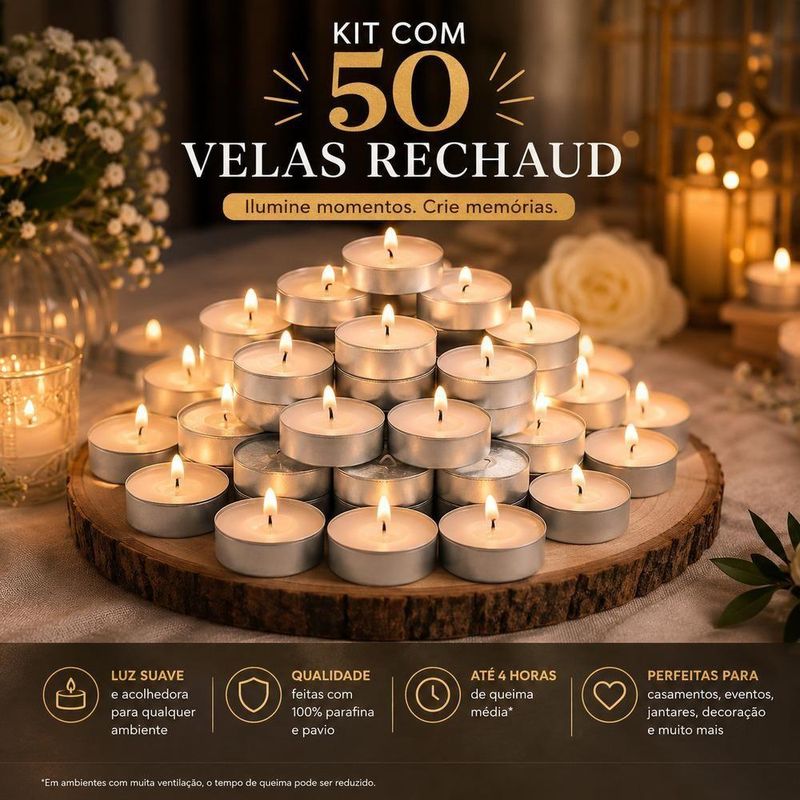 Vela Rechaud Decorativa Kit 50 Velas Brancas Base Aluminio Iluminacao Suave Romantica Casamento Mesa