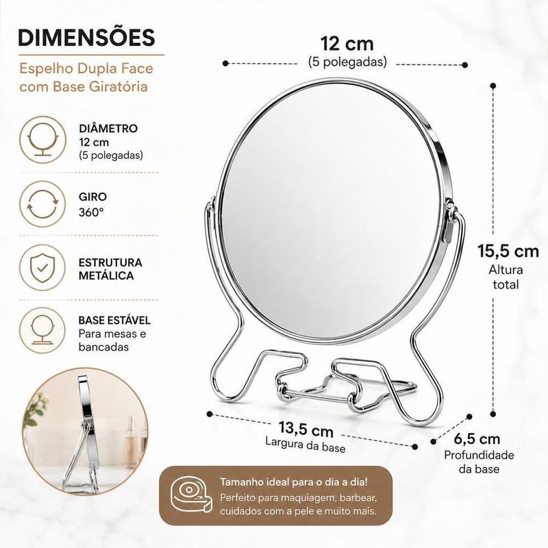 Espelho de Mesa Aumento 5x Dupla Face Redondo Giratorio Multiuso Banheiro Penteadeira Inox Yeet
