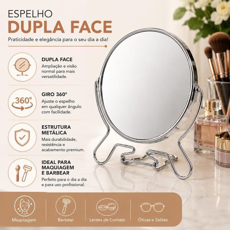 Espelho de Mesa Aumento 5x Dupla Face Redondo Giratorio Multiuso Banheiro Penteadeira Inox Yeet