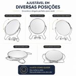 Espelho de Mesa Aumento 5x Dupla Face Redondo Giratorio Multiuso Banheiro Penteadeira Inox Yeet
