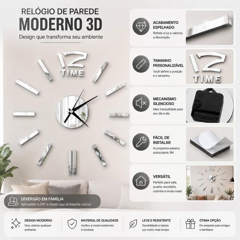 Relógio de Parede 3D DIY sem Moldura Espelhado Prata Movimento Silencioso Yeet