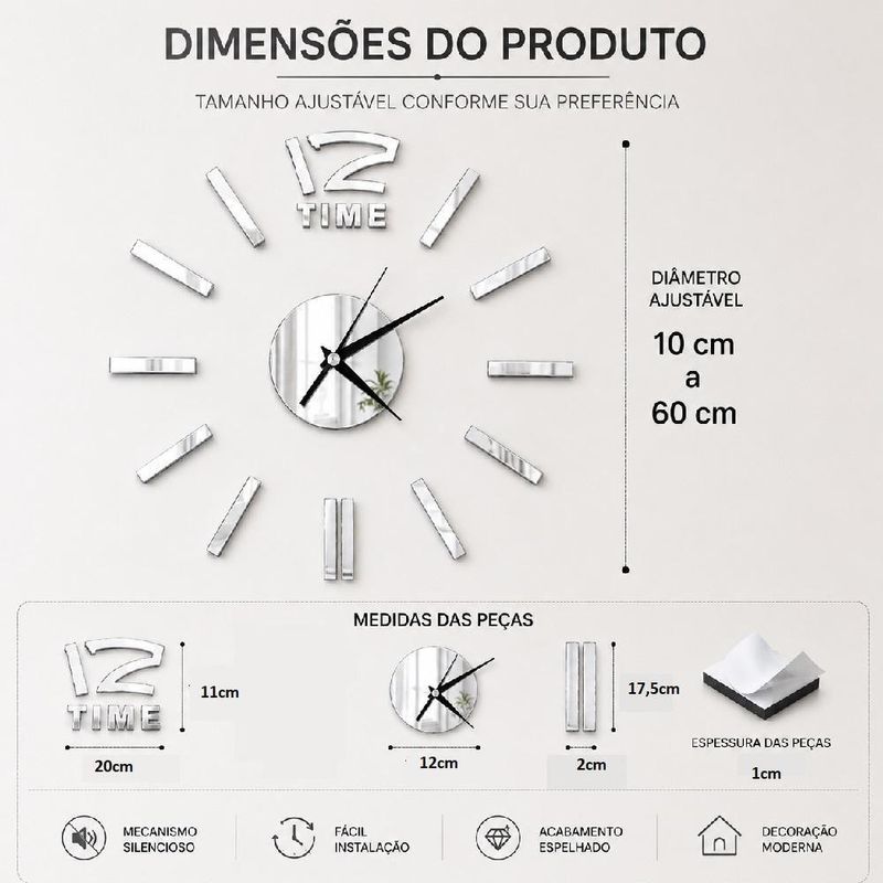 Relógio de Parede 3D DIY sem Moldura Espelhado Prata Movimento Silencioso Yeet