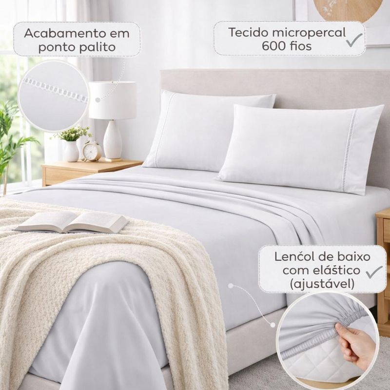 Jogo de lençol king premium soft 600 fios micropercal branco ponto palito toque macio 4 peças