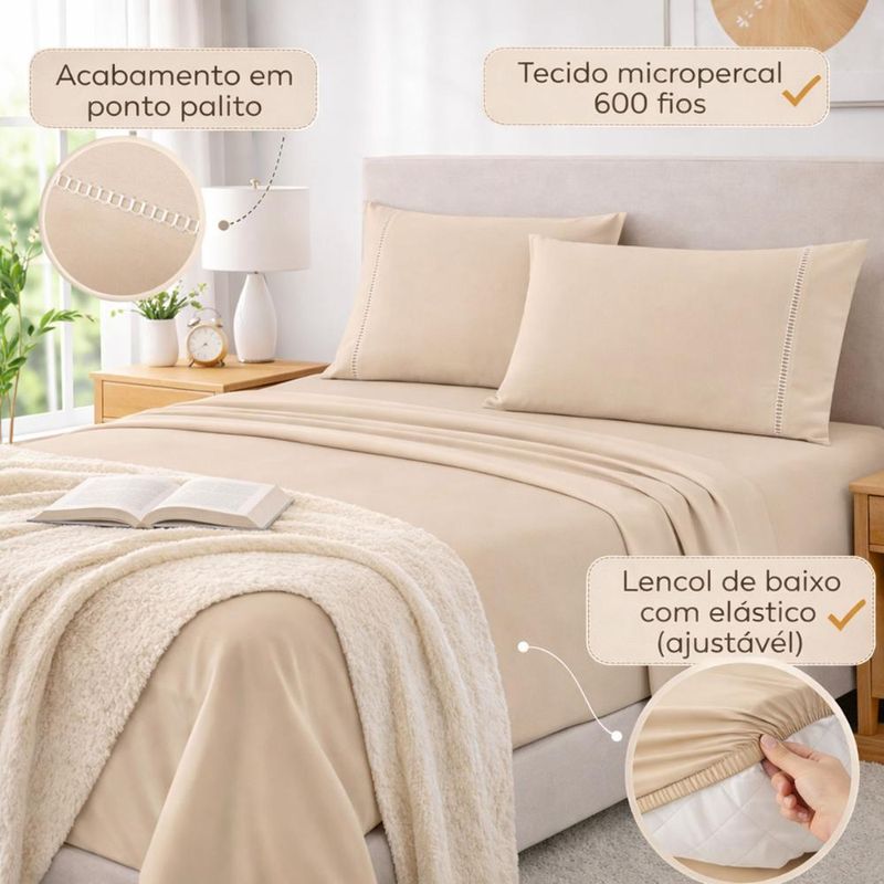 Jogo de lençol casal padrão premium soft 600 fios micropercal avelã ponto palito toque macio 4 peças