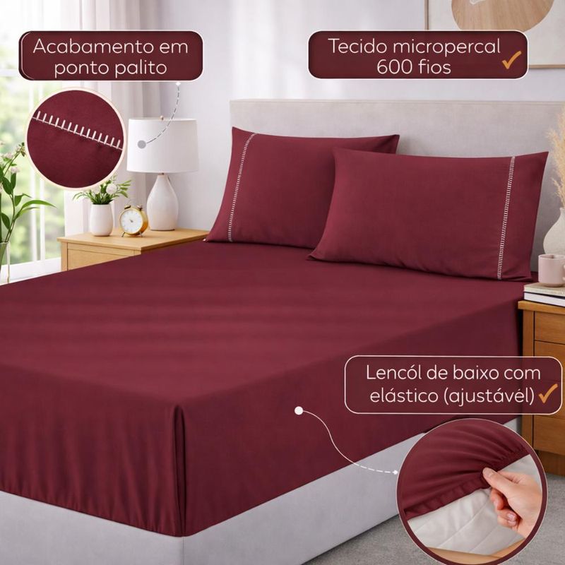 Jogo de lençol casal padrão premium soft 600 fios micropercal bordô ponto palito toque macio 3 peças