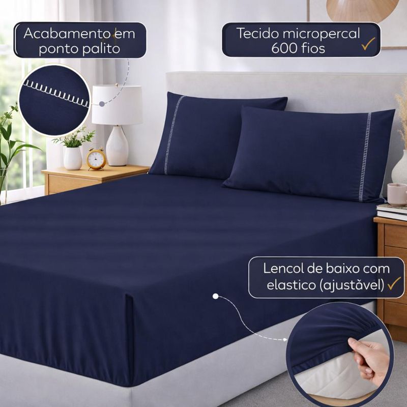 Jogo de lençol king premium soft 600 fios micropercal azul marinho ponto palito toque macio 3 peças