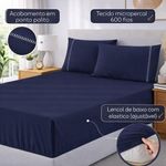 Jogo de lençol casal padrão premium soft 600 fios micropercal azul marinho ponto palito toque macio 3 peças