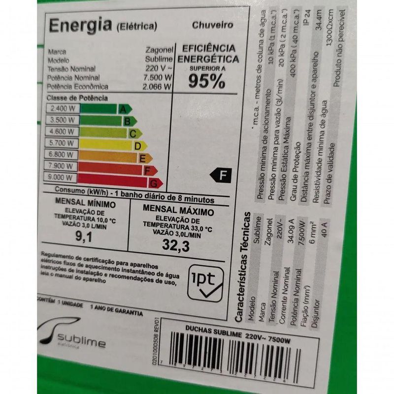 Ducha Eletrônica Sublime 7500W Baixa Pressão Zagonel 220V