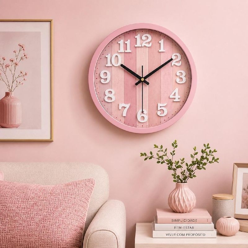 Relogio de Parede Analogico Moderno Numeros Grandes Silencioso Rosa 30cm Redondo Ghittoni