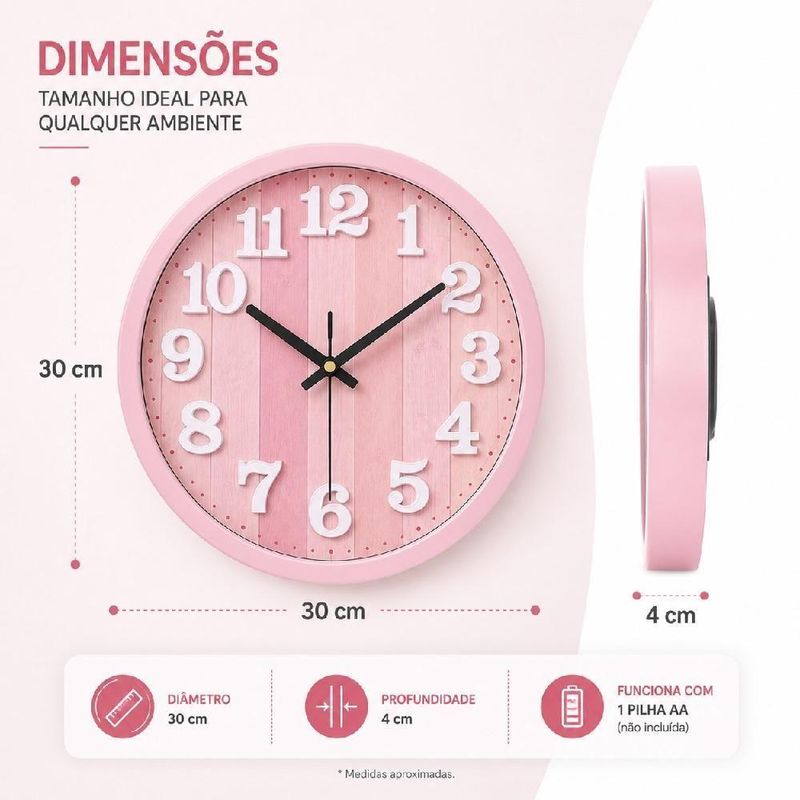Relogio de Parede Analogico Moderno Numeros Grandes Silencioso Rosa 30cm Redondo Ghittoni