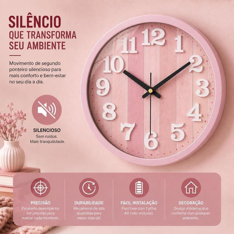 Relogio de Parede Analogico Moderno Numeros Grandes Silencioso Rosa 30cm Redondo Ghittoni