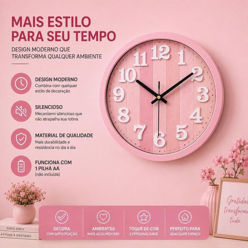 Relogio de Parede Analogico Moderno Numeros Grandes Silencioso Rosa 30cm Redondo Ghittoni