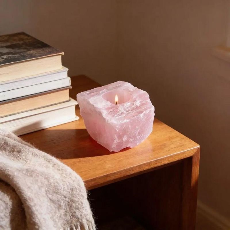 Porta Vela Decorativo Pedra Natural Cristal Quartzo Rosa Exclusivo