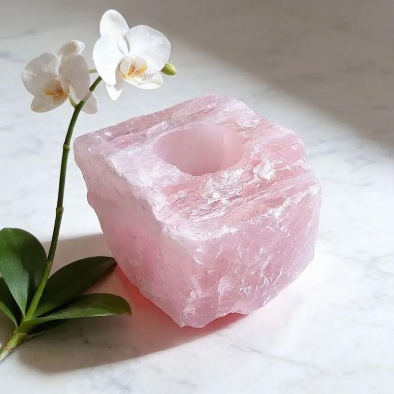 Porta Vela Decorativo Pedra Natural Cristal Quartzo Rosa Exclusivo