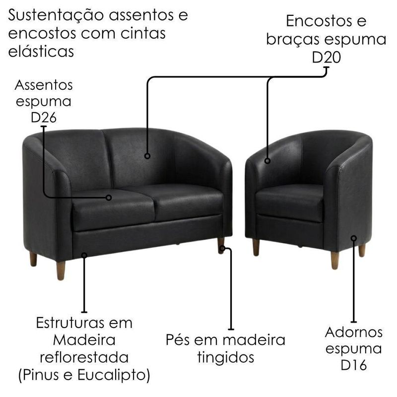 Kit Poltrona e Namoradeira Aura Sala de Estar Corino Espuma D26 Marrom Milani Movelaria