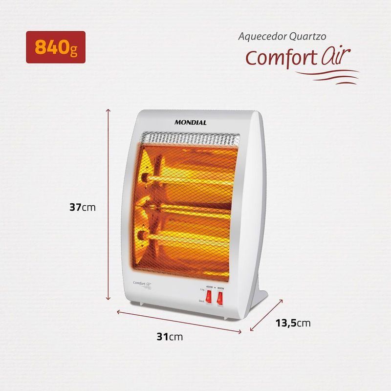 Aquecedor Halógeno Comfort Air A-09 800W Portátil Silencioso Branco Mondial 220V