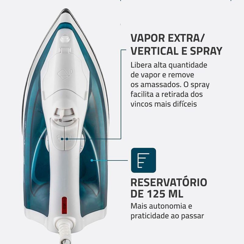 Ferro de Passar a Vapor Mondial F-32 1200W Base Antiaderente Azul e Branco 110V