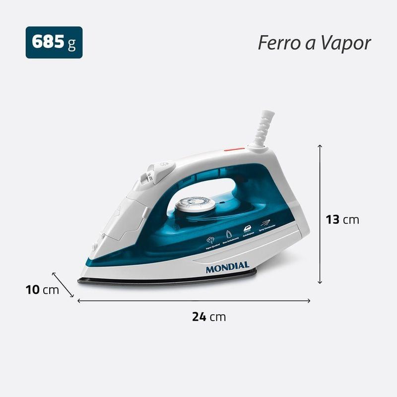 Ferro de Passar a Vapor Mondial F-32 1200W Base Antiaderente Azul e Branco 110V