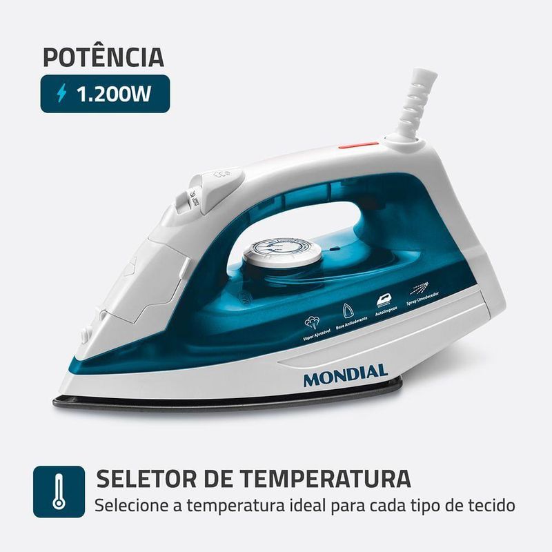 Ferro de Passar a Vapor Mondial F-32 1200W Base Antiaderente Azul e Branco 110V