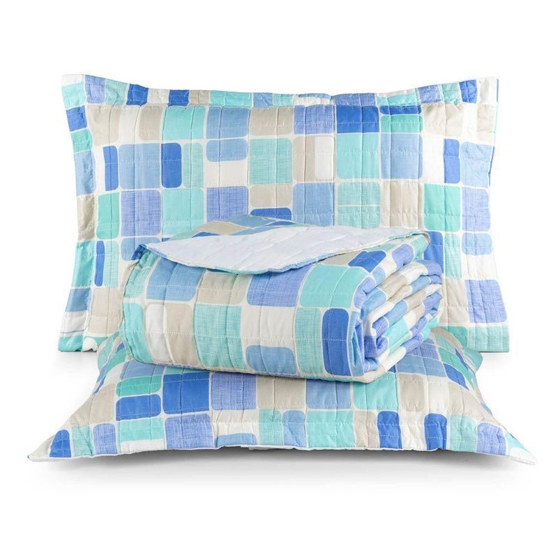 Kit Cobre Leito Karina Mosaico Azul Casal Micropercal 300 Fios Estampado 3 Peças Casa Scarpa