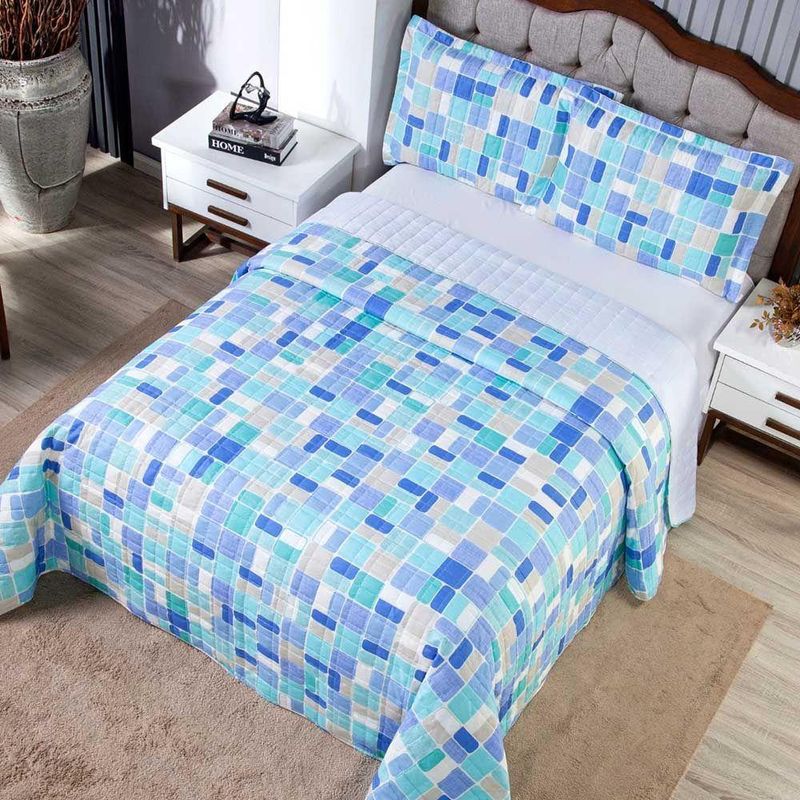 Kit Cobre Leito Karina Mosaico Azul Casal Micropercal 300 Fios Estampado 3 Peças Casa Scarpa