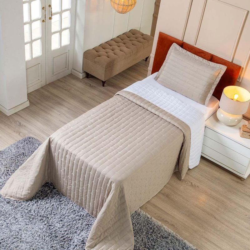 Kit Cobre Leito Rubine Solteiro Micropercal 400 Fios 100% Poliéster Liso Bege Casa Scarpa 2 Peças