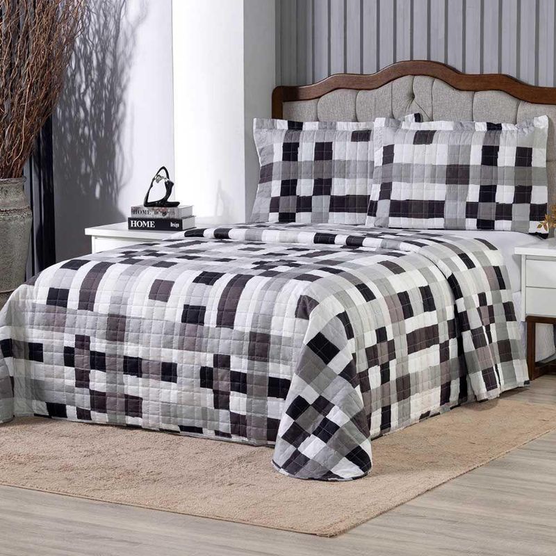 Kit Cobre Leito Karina Quadri 2 King Micropercal 300 Fios 100% Poliéster Estampado Branco Casa