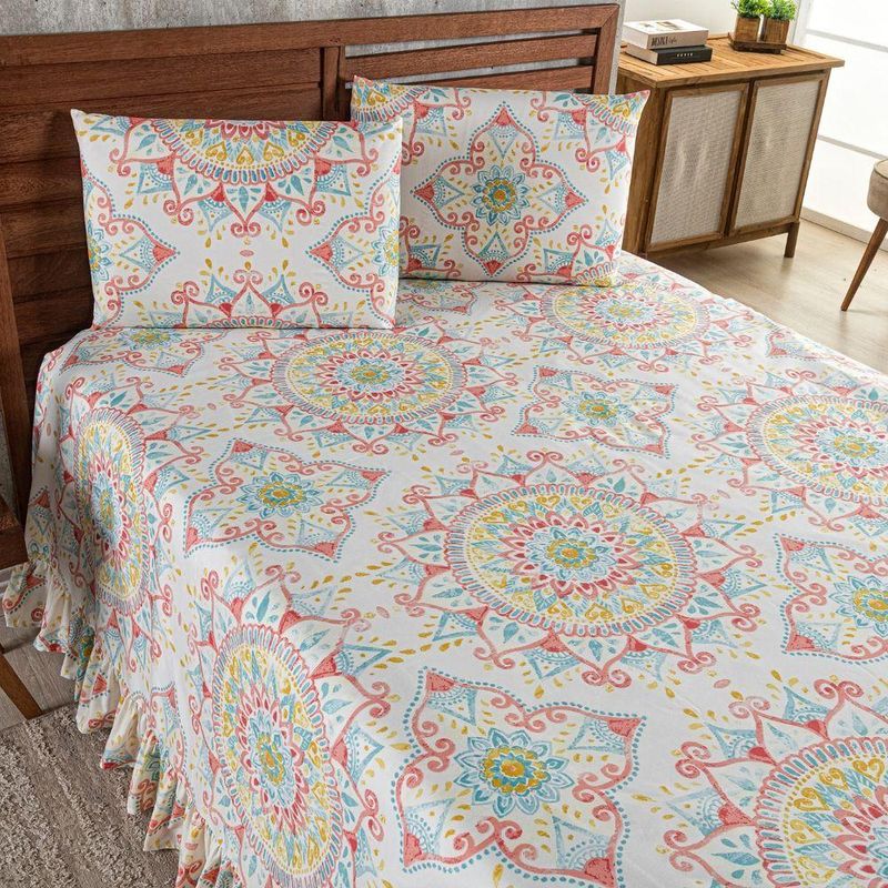Kit Cobre Leito Laila Mandala 3 Casal Micropercal 400 Fios 3 Peças Estampado Bege Casa Scarpa