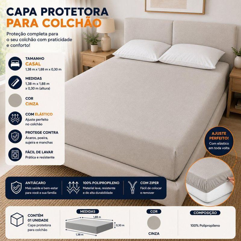 Capa Protetora de Colchão Casal com Elástico Polipropileno Cinza Vida Pratika