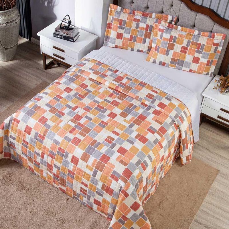 Kit Cobre Leito Karina Quadri 1 Queen Micropercal 300 Fios Estampado 3 Peças Casa Scarpa