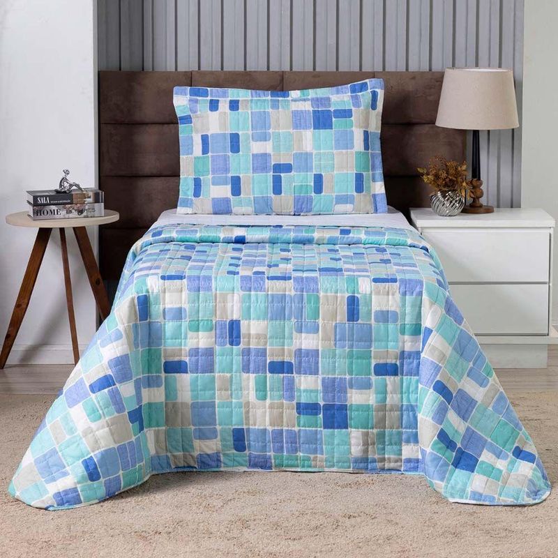Kit Cobre Leito Karina Solteiro Micropercal 300 Fios 100% Poliéster Estampado Azul Casa Scarpa