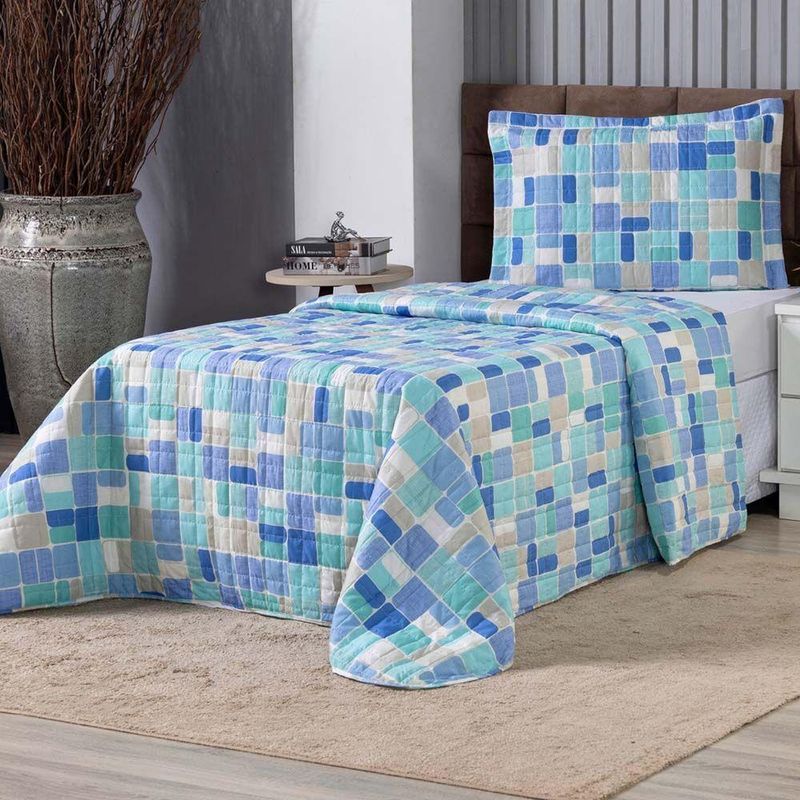 Kit Cobre Leito Karina Solteiro Micropercal 300 Fios 100% Poliéster Estampado Azul Casa Scarpa