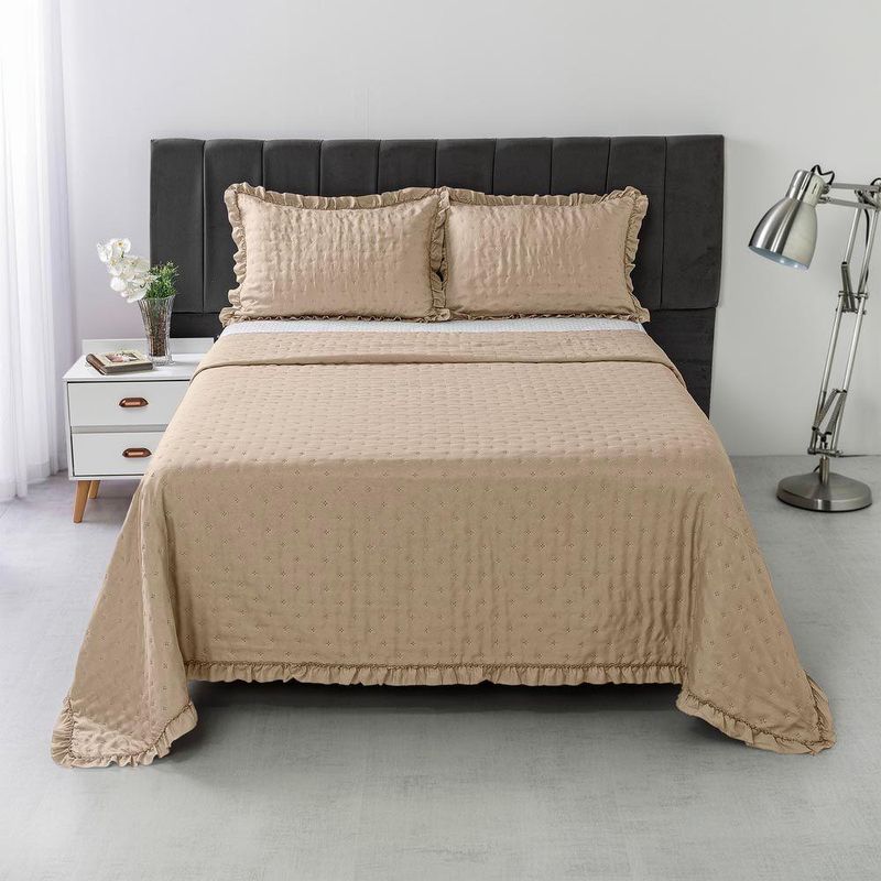 Kit Cobre Leito Elegance Queen Microfibra 200 Fios 3 Peças Bege Casa Scarpa