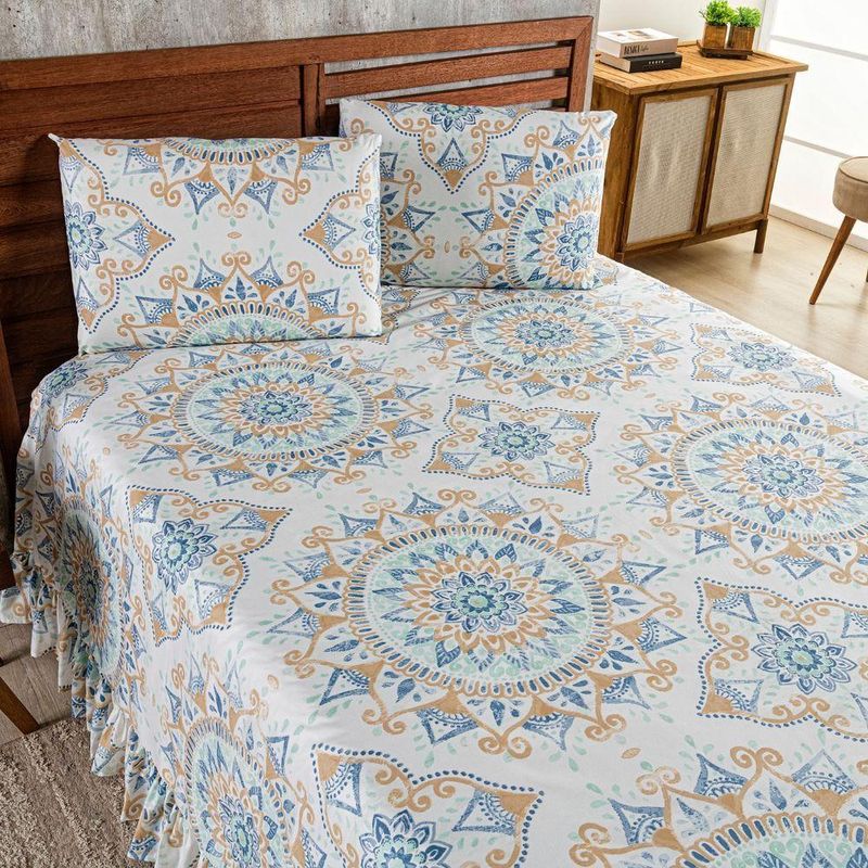 Kit Cobre Leito Laila Mandala 5 Casal Micropercal 400 Fios 100% Poliéster Estampado Bege Casa Scarpa