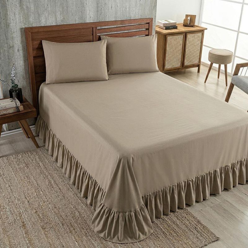 Kit Cobre Leito Turin Queen 3 Peças Micropercal 400 Fios Babado Liso Bege Casa Scarpa