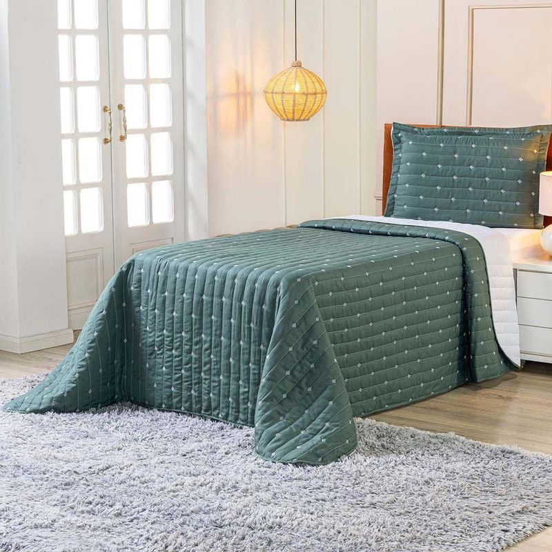Kit Cobre Leito Rubine Solteiro Micropercal 400 Fios 100% Poliéster Liso Verde Casa Scarpa 2 Peças