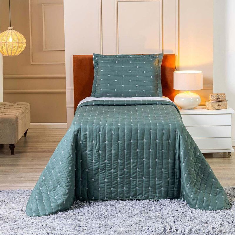 Kit Cobre Leito Rubine Solteiro Micropercal 400 Fios 100% Poliéster Liso Verde Casa Scarpa 2 Peças