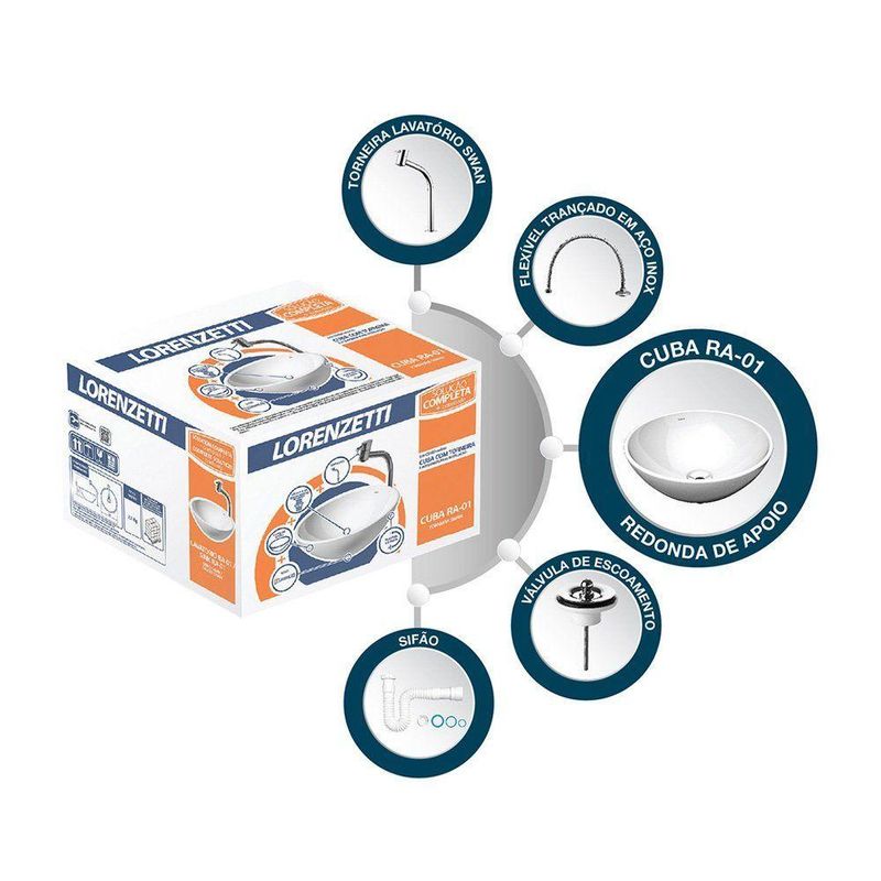 Cuba de Apoio com Torneira para Lavatório RA-01 Redonda Sobrepor Porcelana Branco Lorenzetti