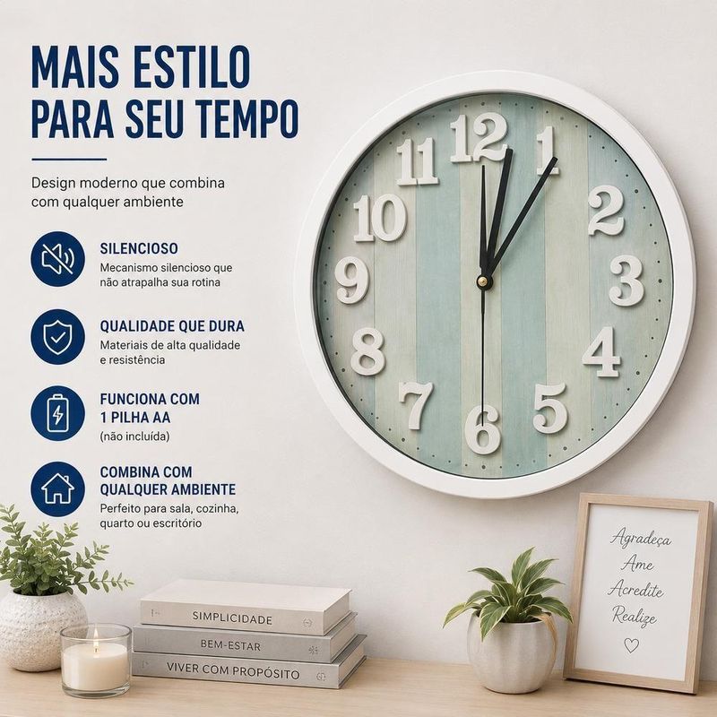 Relogio de Parede Analogico Silencioso Numeros Grandes Efeito Madeira Vidro 30CM Yeet