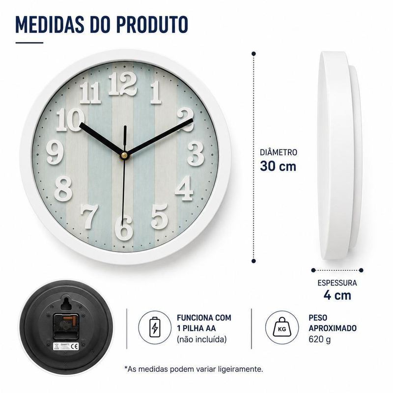Relogio de Parede Analogico Silencioso Numeros Grandes Efeito Madeira Vidro 30CM Yeet