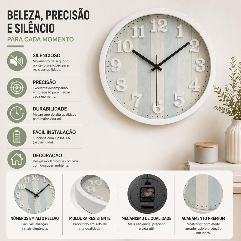 Relogio de Parede Analogico Silencioso Numeros Grandes Efeito Madeira Vidro 30CM Yeet