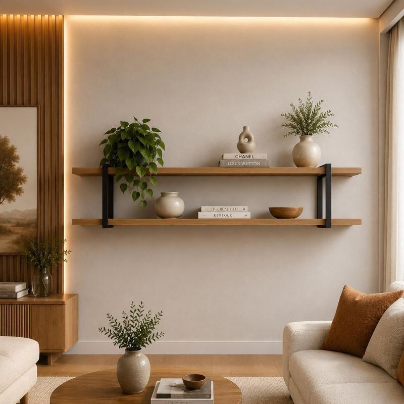Prateleira Suspensa Multiuso Smart 260CM MDF Suporte Metal Multifuncional Louro com Preto Casa Lar