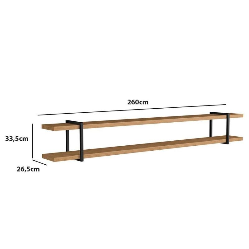 Prateleira Suspensa Multiuso Smart 260CM MDF Suporte Metal Multifuncional Louro com Preto Casa Lar