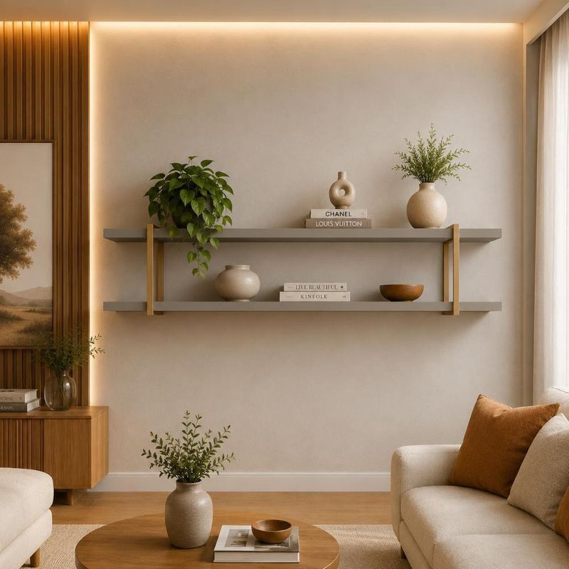 Prateleira Suspensa Multiuso Smart Retangular MDF Fixação Parafuso Sala Grigio com Dourado Casa Lar