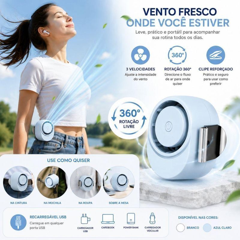 Ventilador de Mesa Portátil USB Recarregável com Clipe Yeet 3 Velocidades 5V