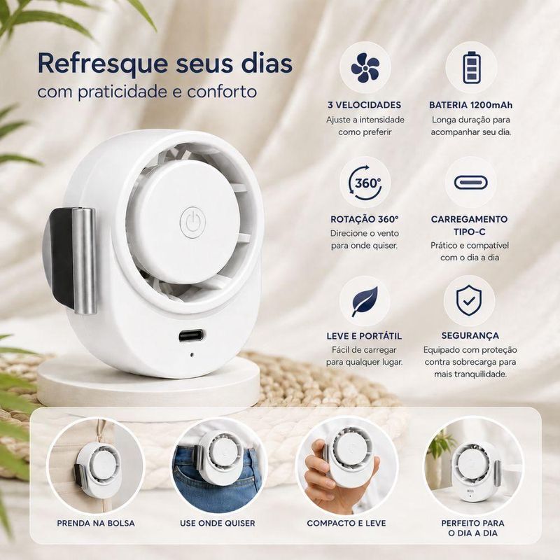 Ventilador de Mesa Portátil USB Recarregável com Clipe Yeet 3 Velocidades 5V