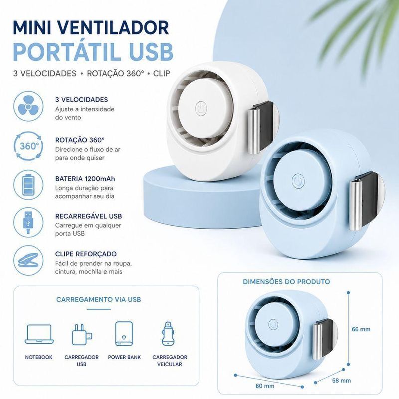 Ventilador de Mesa Portátil USB Recarregável com Clipe Yeet 3 Velocidades 5V