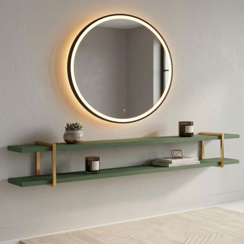 Prateleira Suspensa Smart MDF Suporte Metal Fixação Parafuso Sala Musgo com Dourado Casa Lar Shop